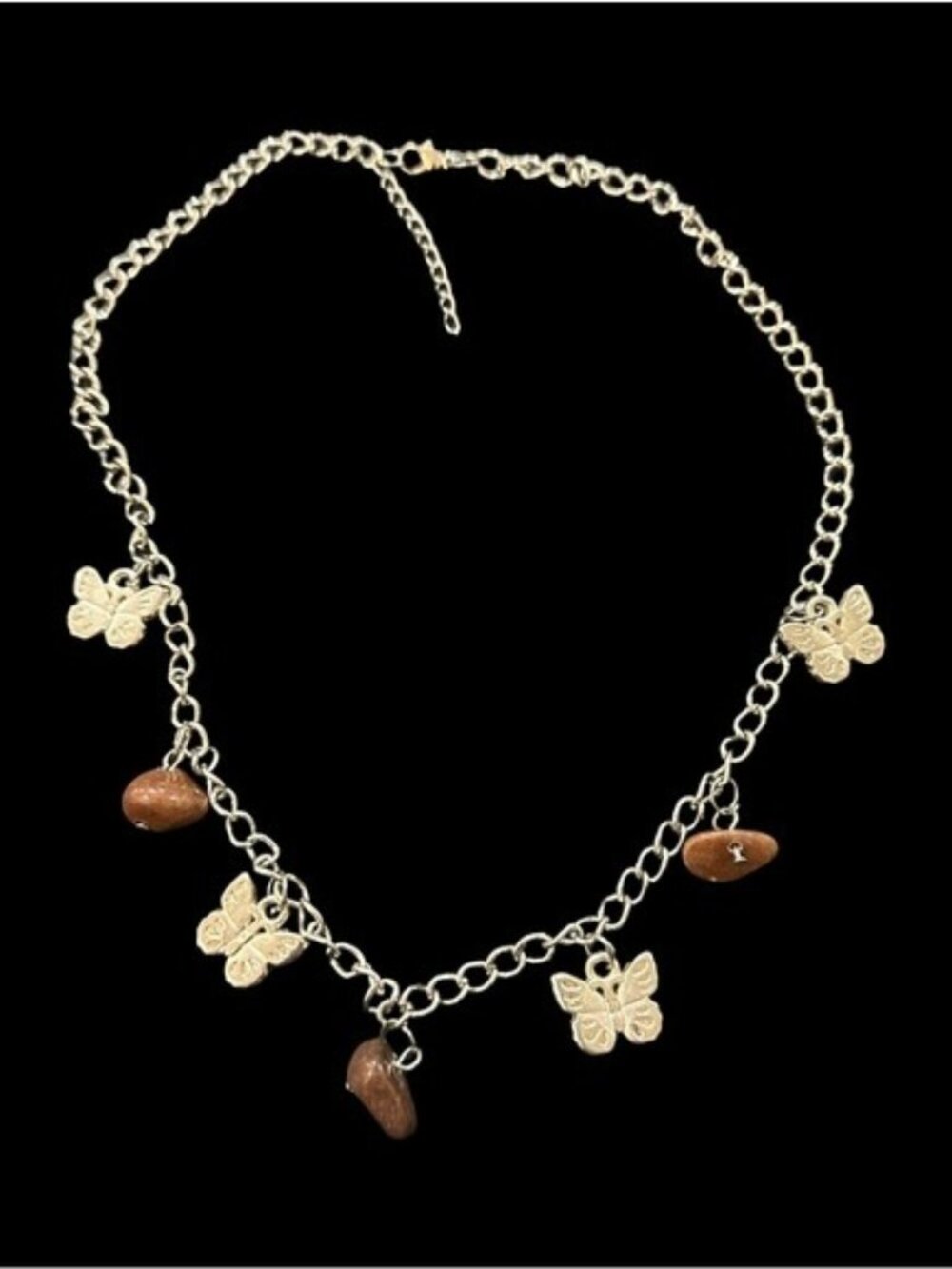 Butterfly Charm Necklace With Brown Stone Accents On Silver-Tone Chain